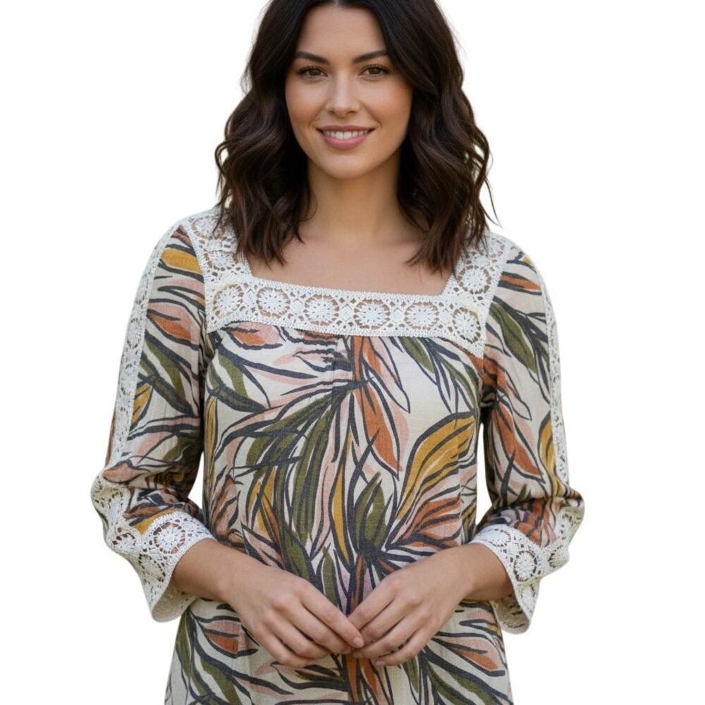Zac & Rachel Tropical Top Womens Large Palm Leaf Square Neck Lacy Multicolor